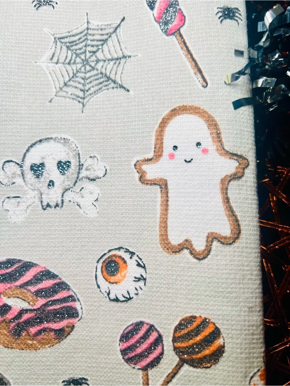 2 Halloween Sweets Kitchen Towels Candy Cookie Ghost Cupcake Donuts Glittered